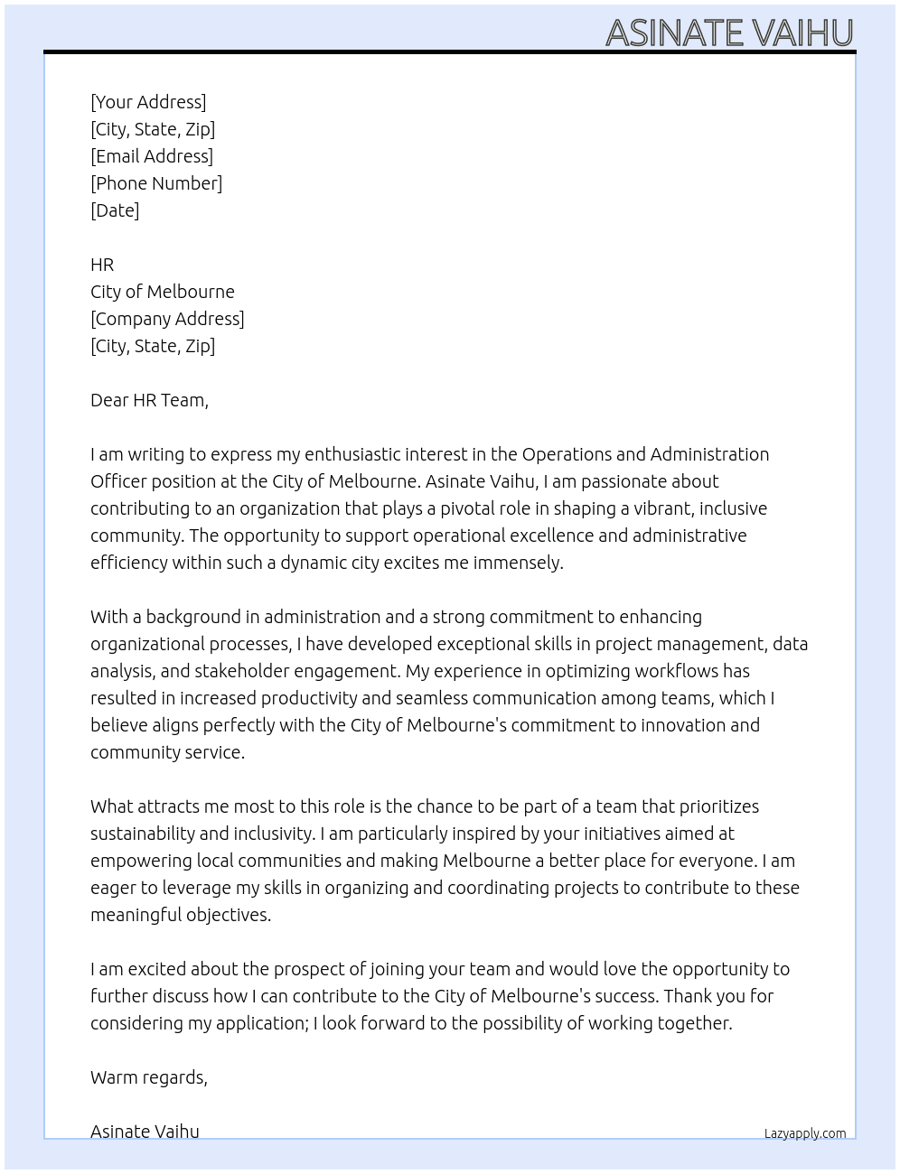Cover letter for operations and administration officer - LazyApply