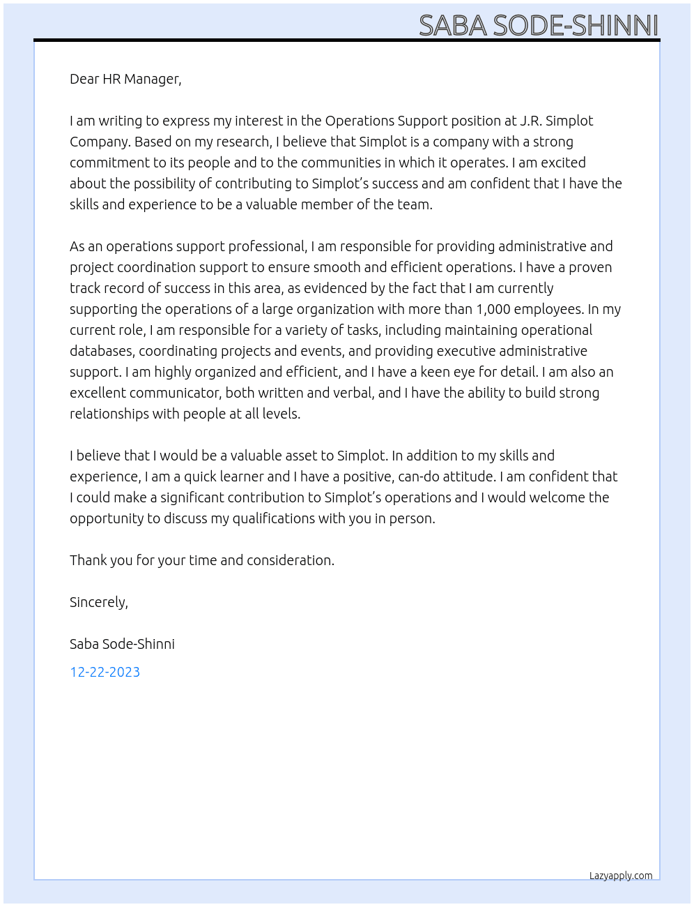 Operations Support At  J.R. Simplot Company Cover Letter
