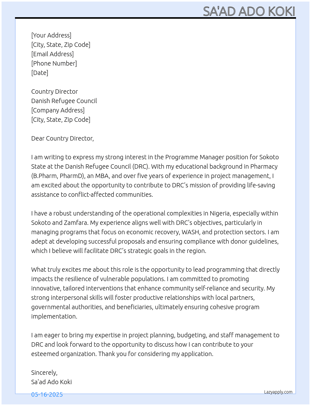 Programme Manager (Sokoto State) At Danish Refugee Council (DRC) Cover Letter