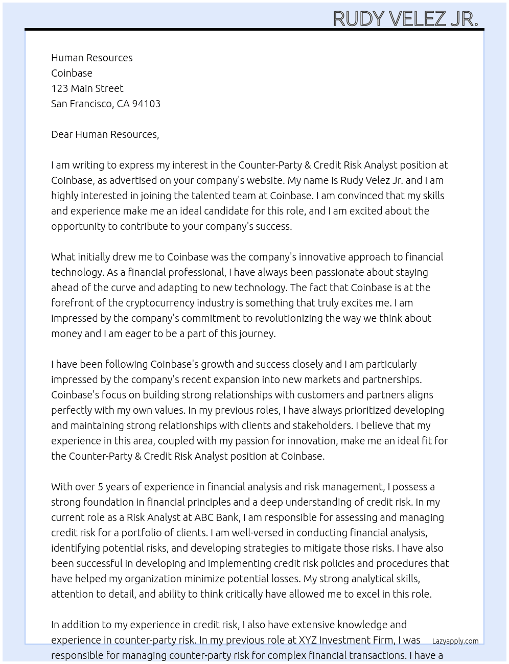 Counter-Party & Credit Risk Analyst  At Coinbase Cover Letter