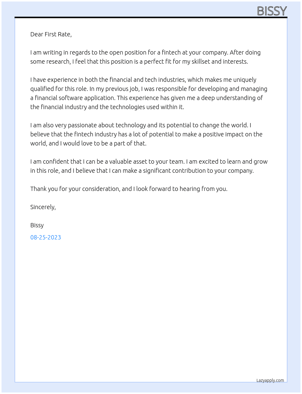 fintech At First Rate Cover Letter