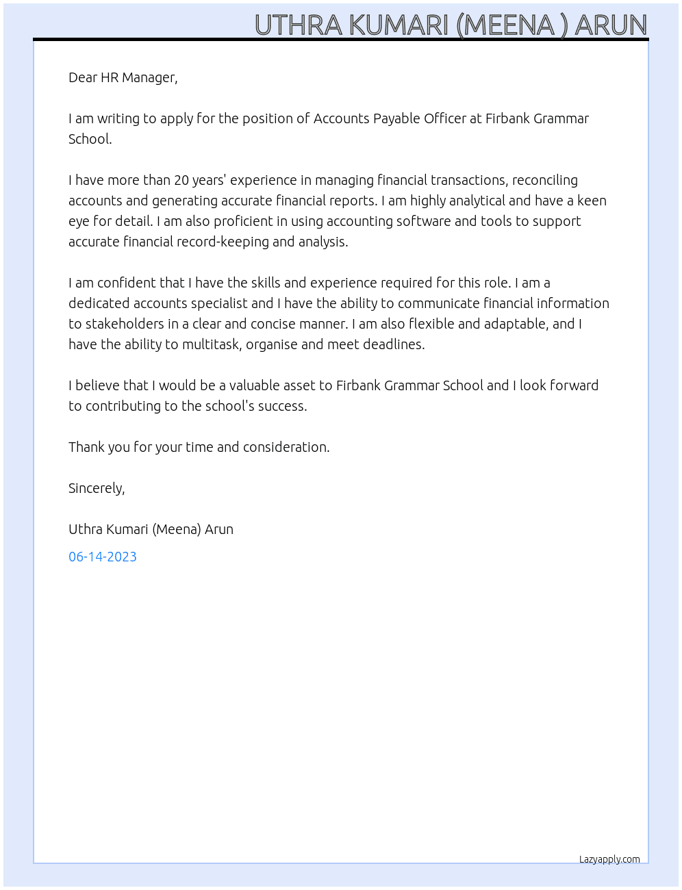 accounts payable At Firbank  Cover Letter