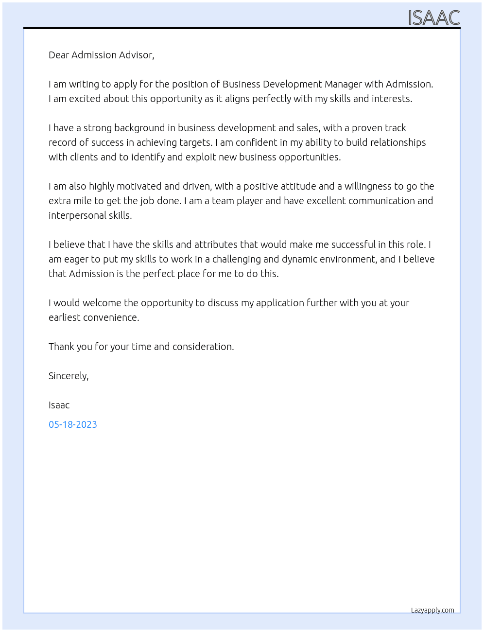 Business Development Manager At Admission Cover Letter