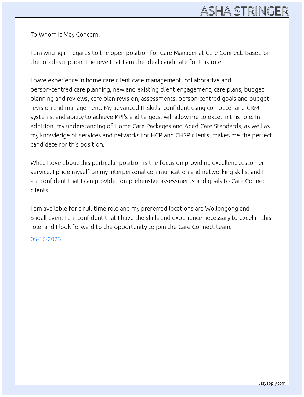 Care Manager At Care Connect Cover Letter