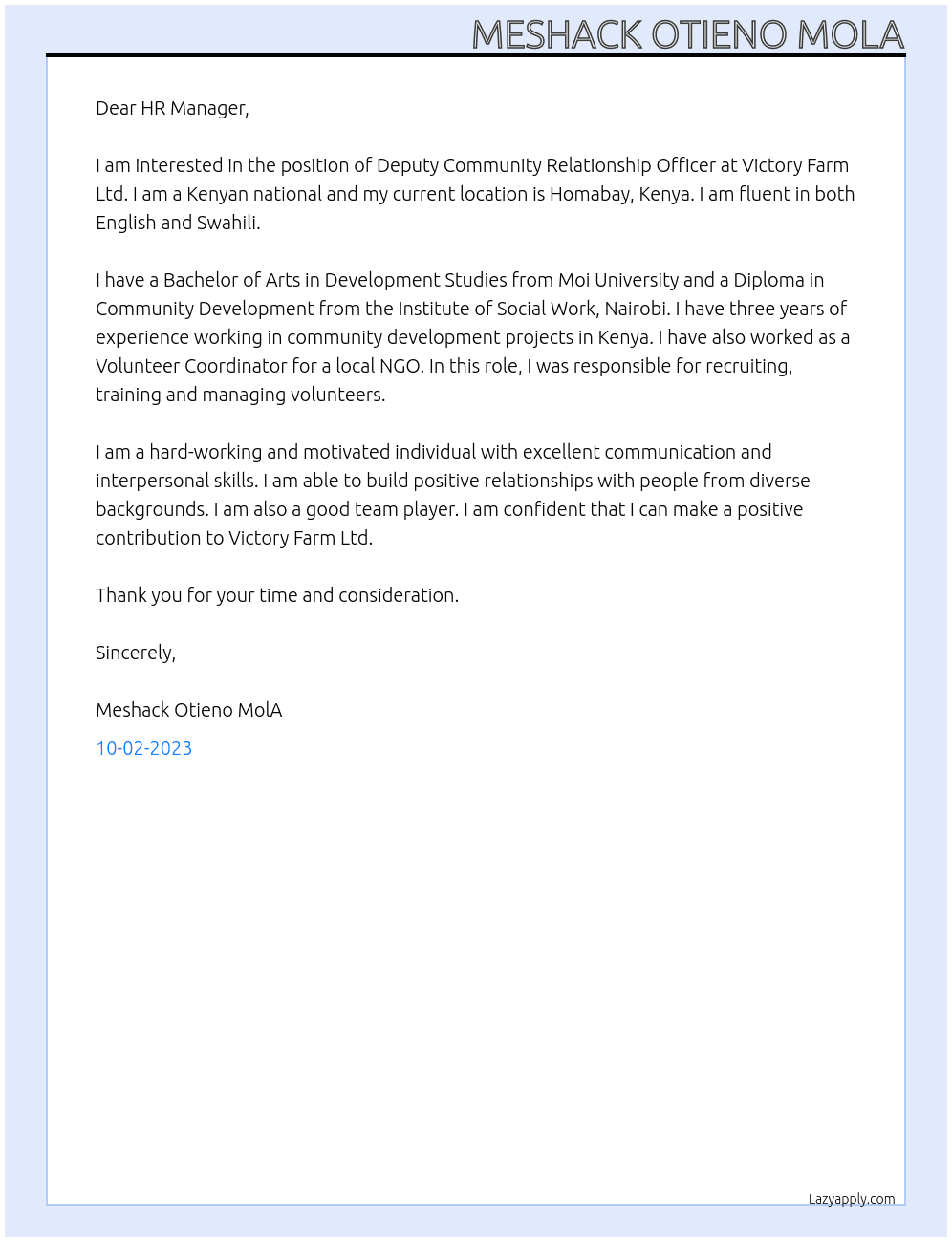 Deputy Community Relationship officer At Victory Farm Ltd Cover Letter