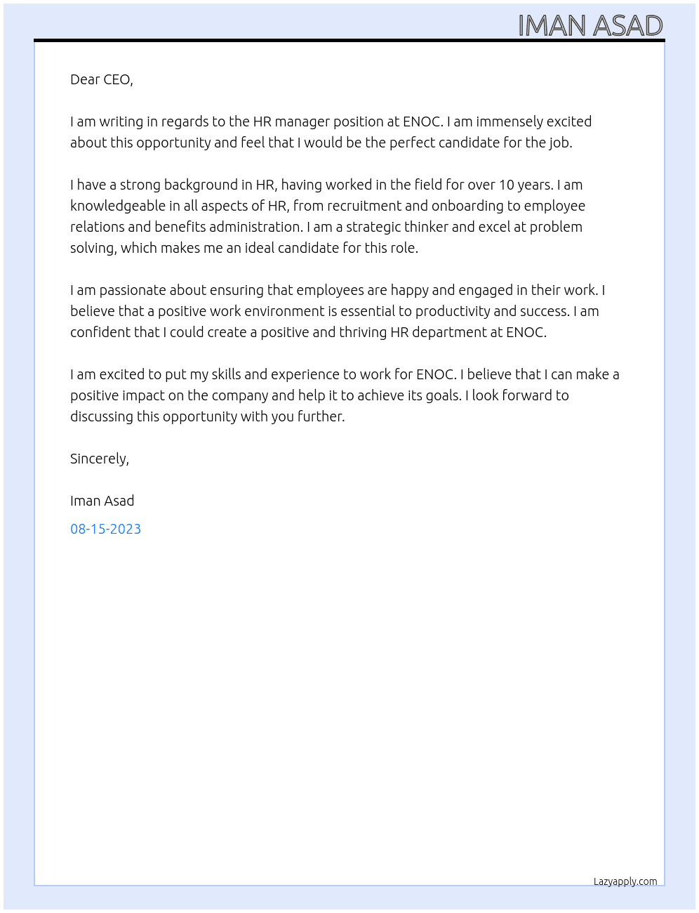 HR manager  At ENOC Cover Letter