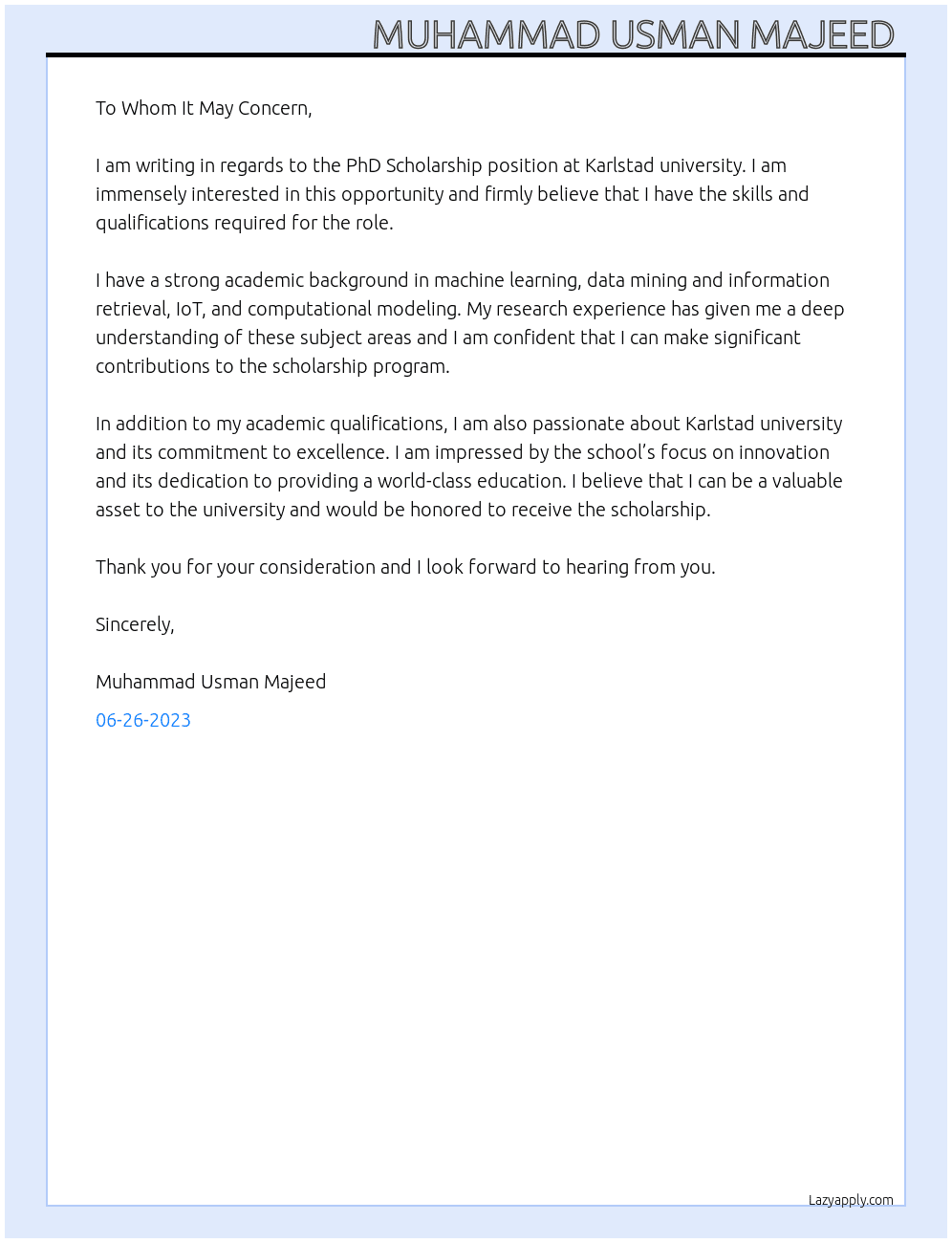 PhD Scholarship At Karlstad university Cover Letter