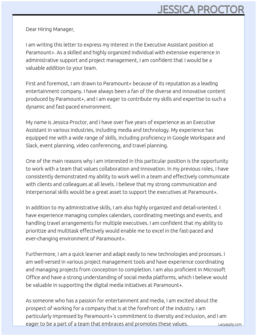 Executive Assistant At Paramount+ Cover Letter