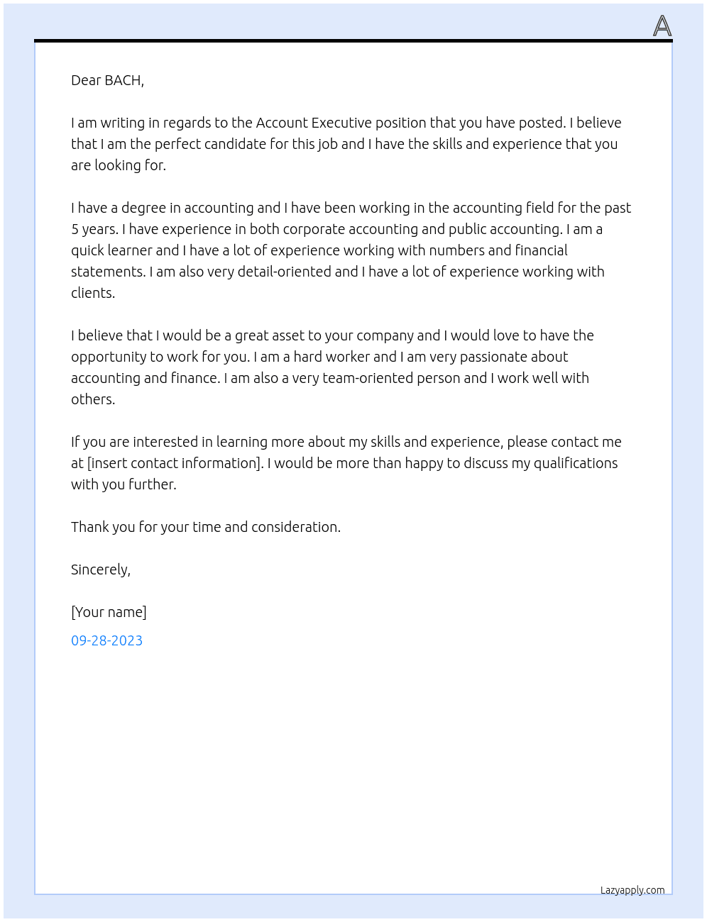 Account Executive  At BACH Cover Letter