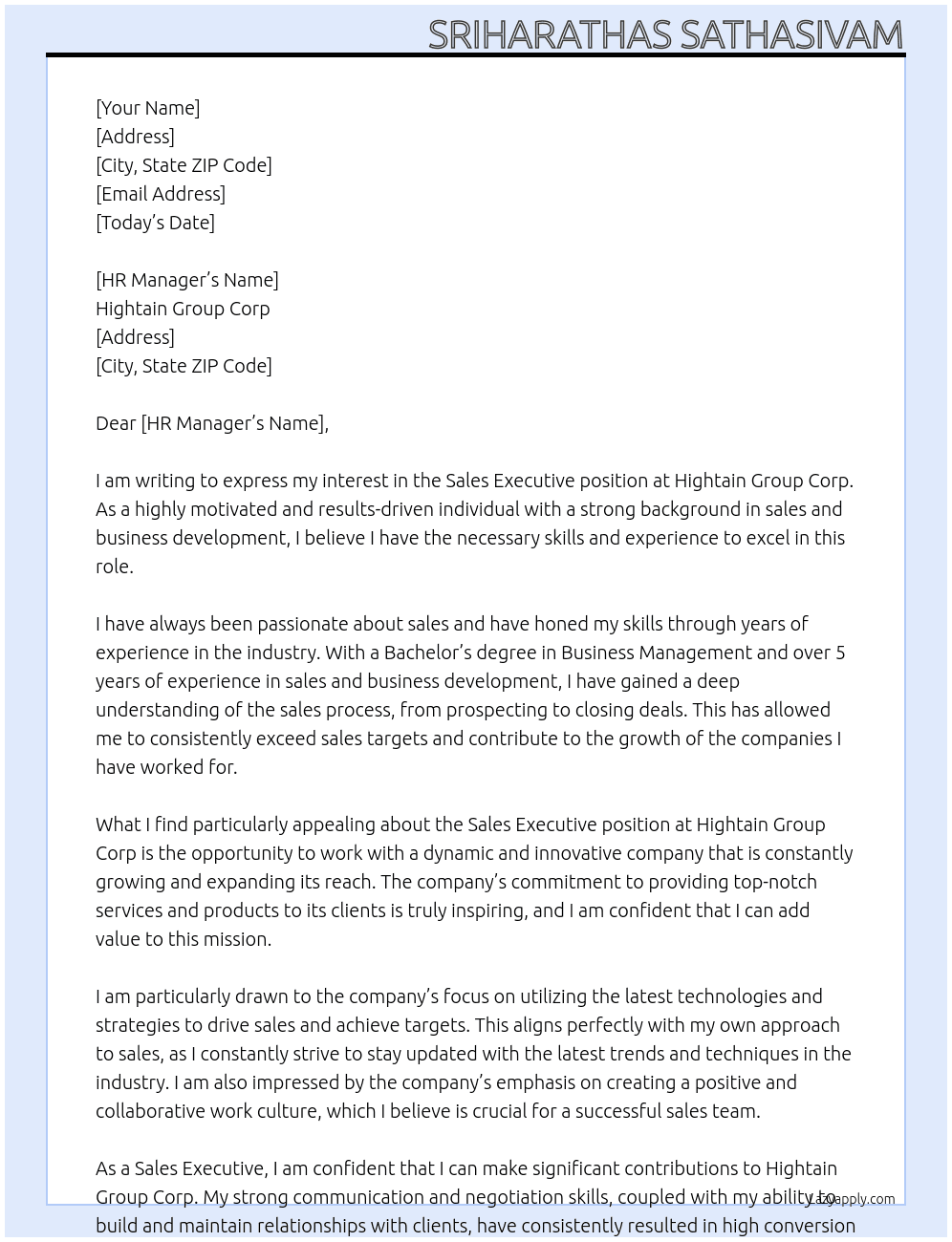 Sales Executive At Hightain Group Corp Cover Letter