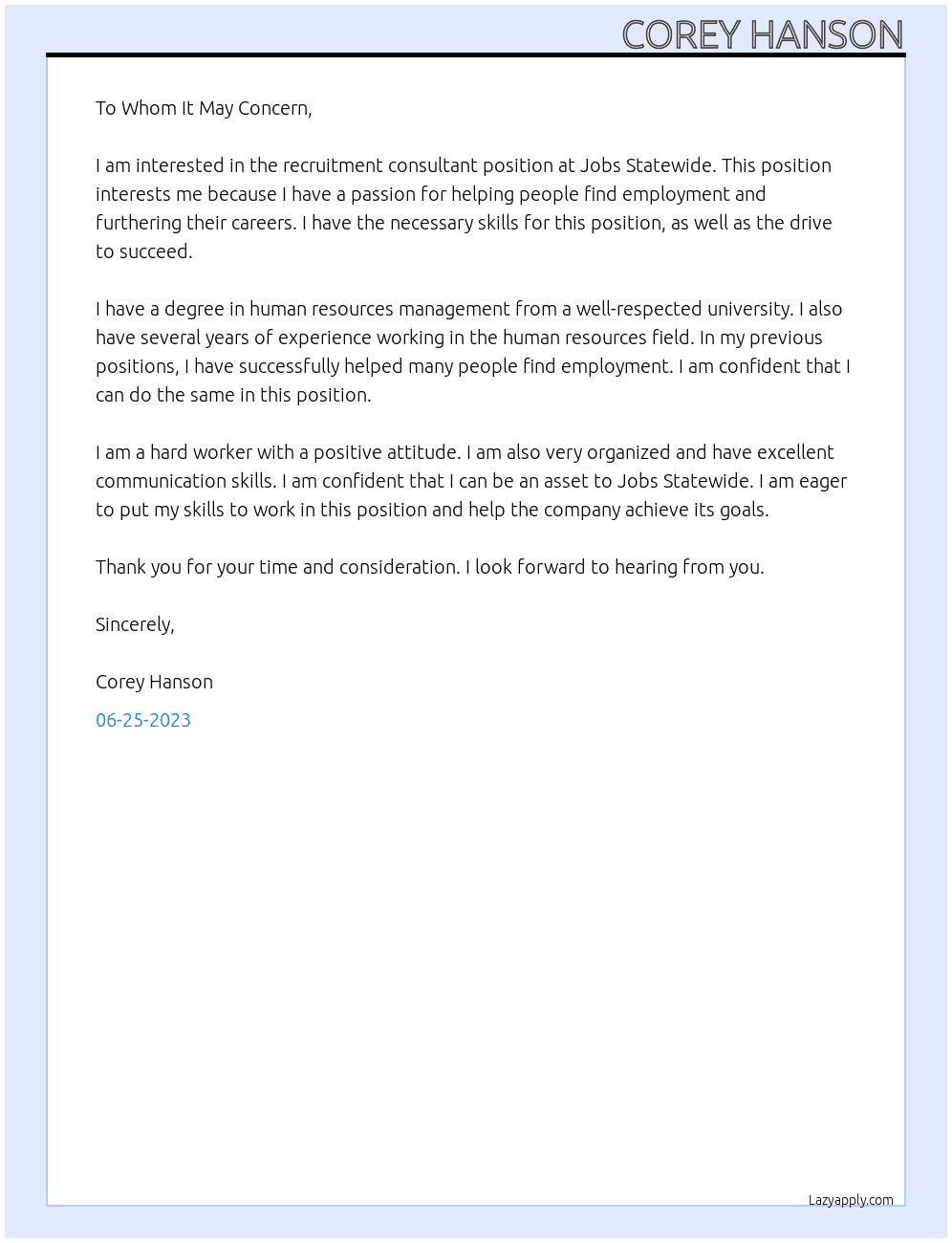 recruitment consultant  At Jobs Statewide  Cover Letter