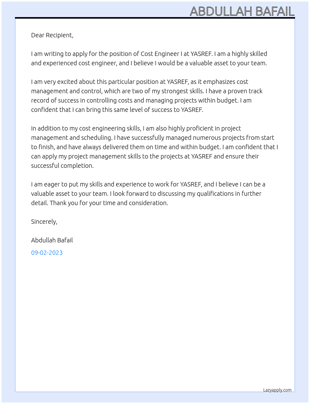 Cost Engineer I At YASREF Cover Letter