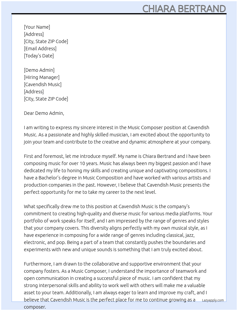 Music Composer At Cavendish Music Cover Letter