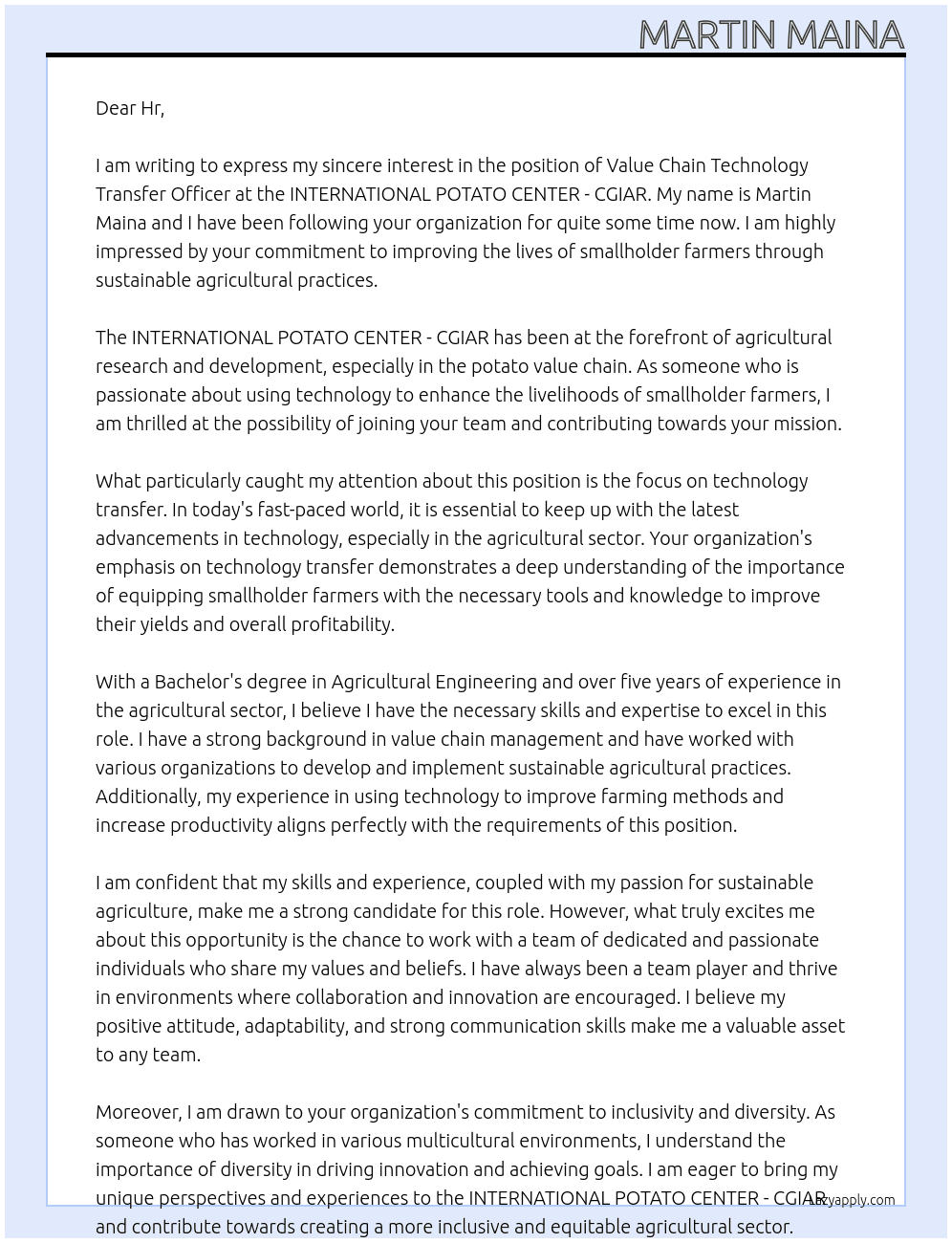 Value Chain Technology Transfer Officer At  INTERNATIONAL POTATO CENTER - CGIAR  Cover Letter