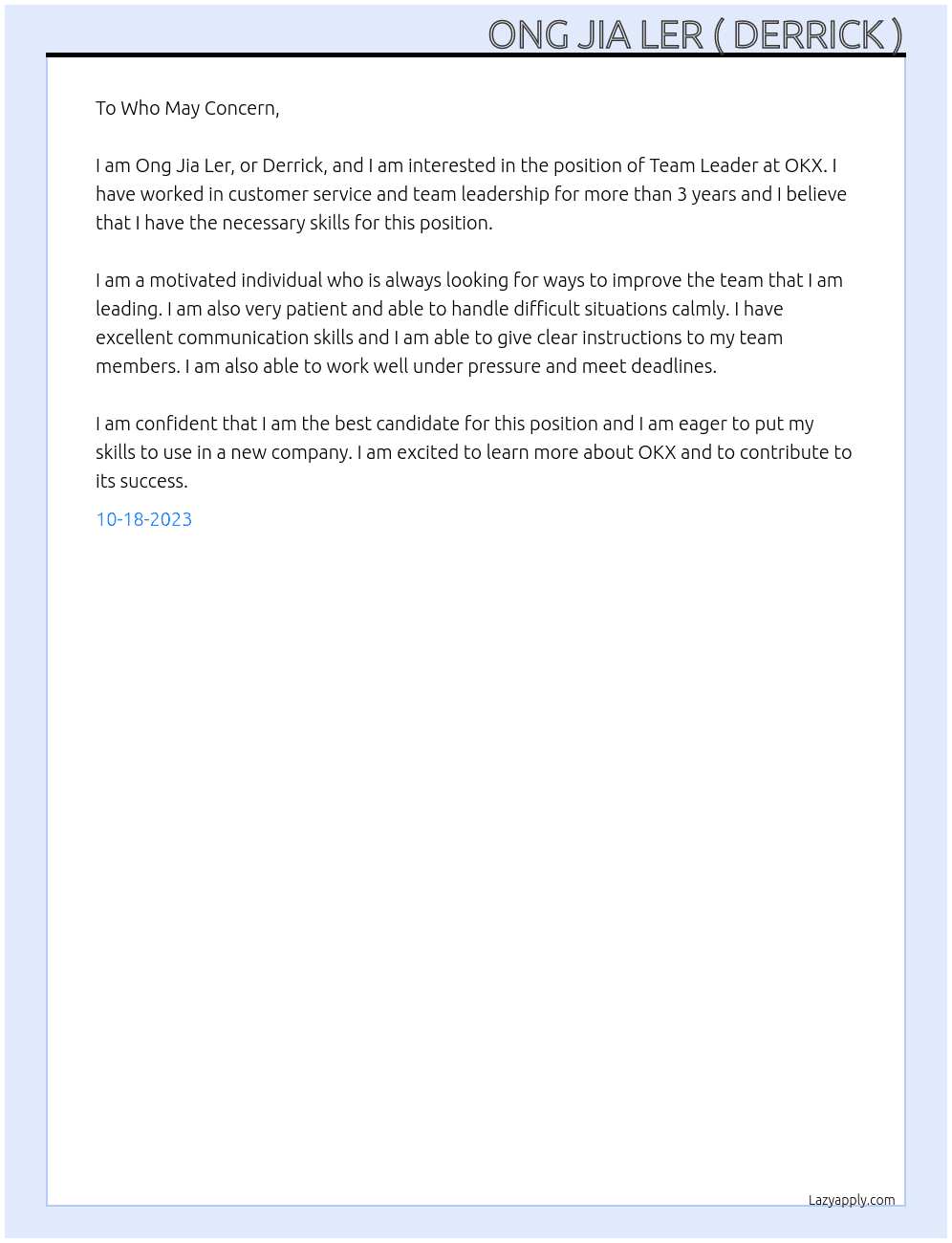 Team Leader At OKX Cover Letter