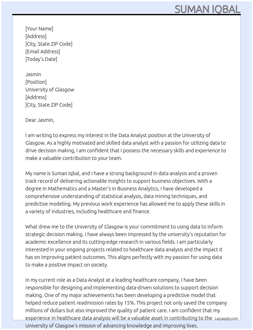 DATA ANALYST At UNIVERSITY OF GLASGOW Cover Letter