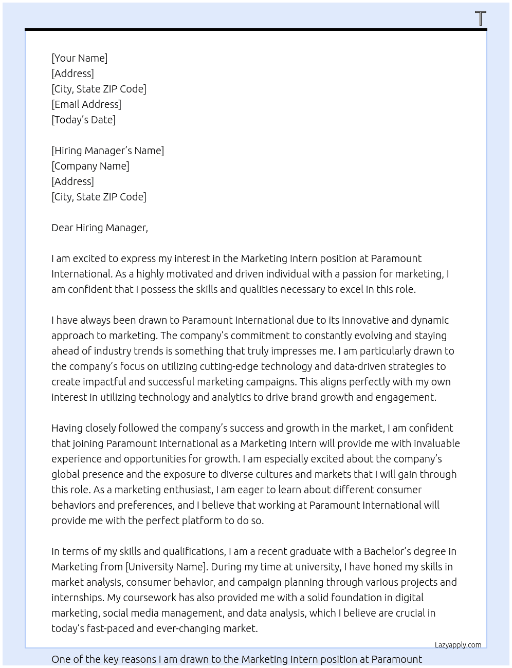 Marketing Intern At Paramount International Cover Letter