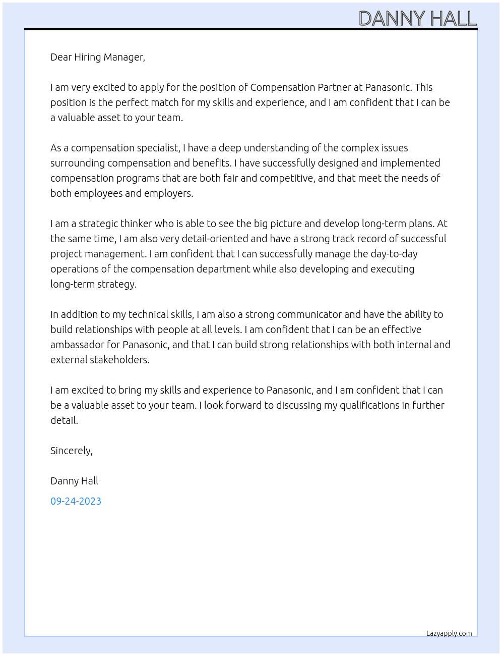 Compensation Partner At Panasonic  Cover Letter