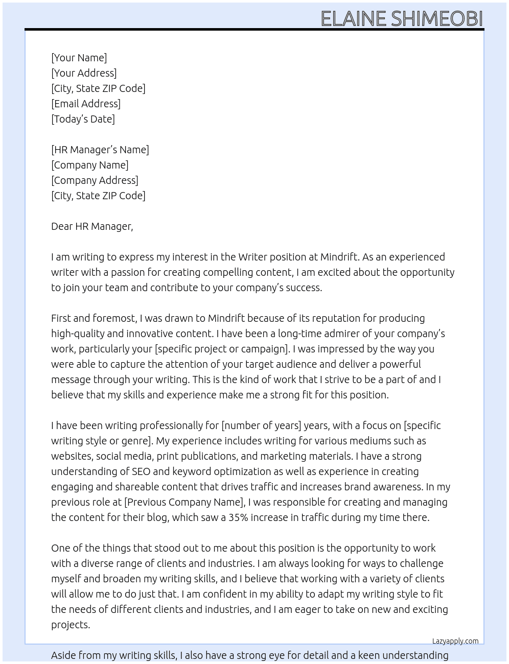 Writer At Mindrift Cover Letter