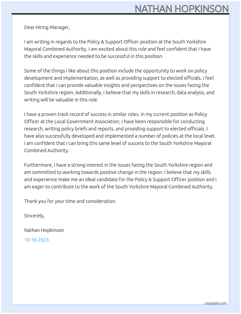 Policy & Support Officer At South Yorkshire Mayoral Combined Authority Cover Letter