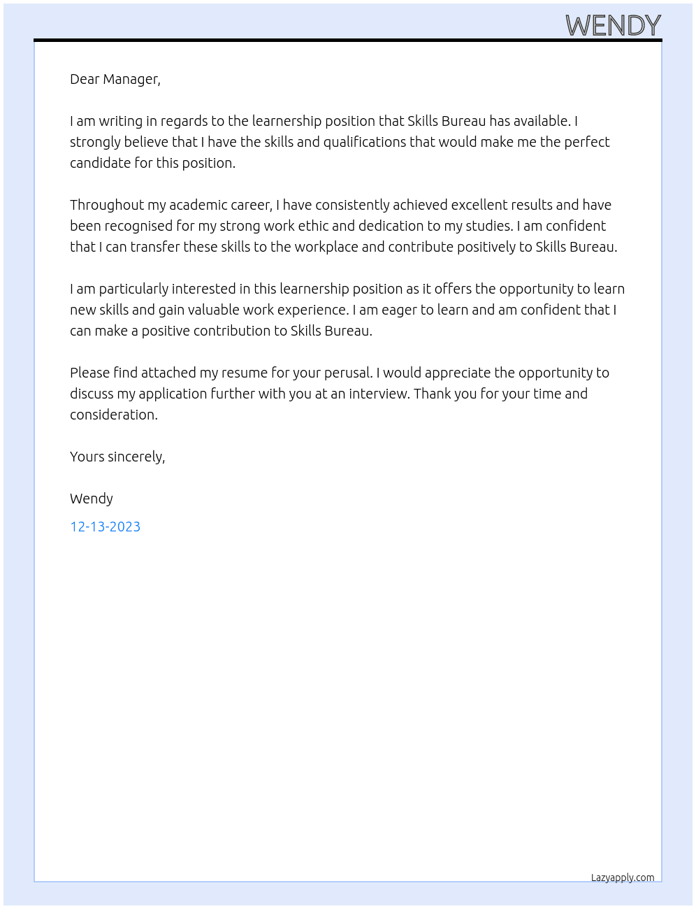 Learnership  At Skills Bureau  Cover Letter