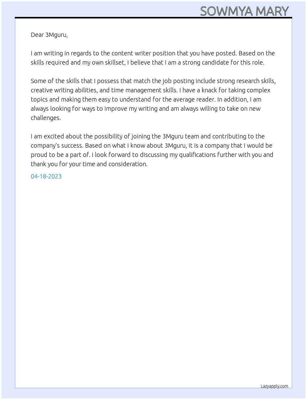 Content  writer At 3Mguru Cover Letter