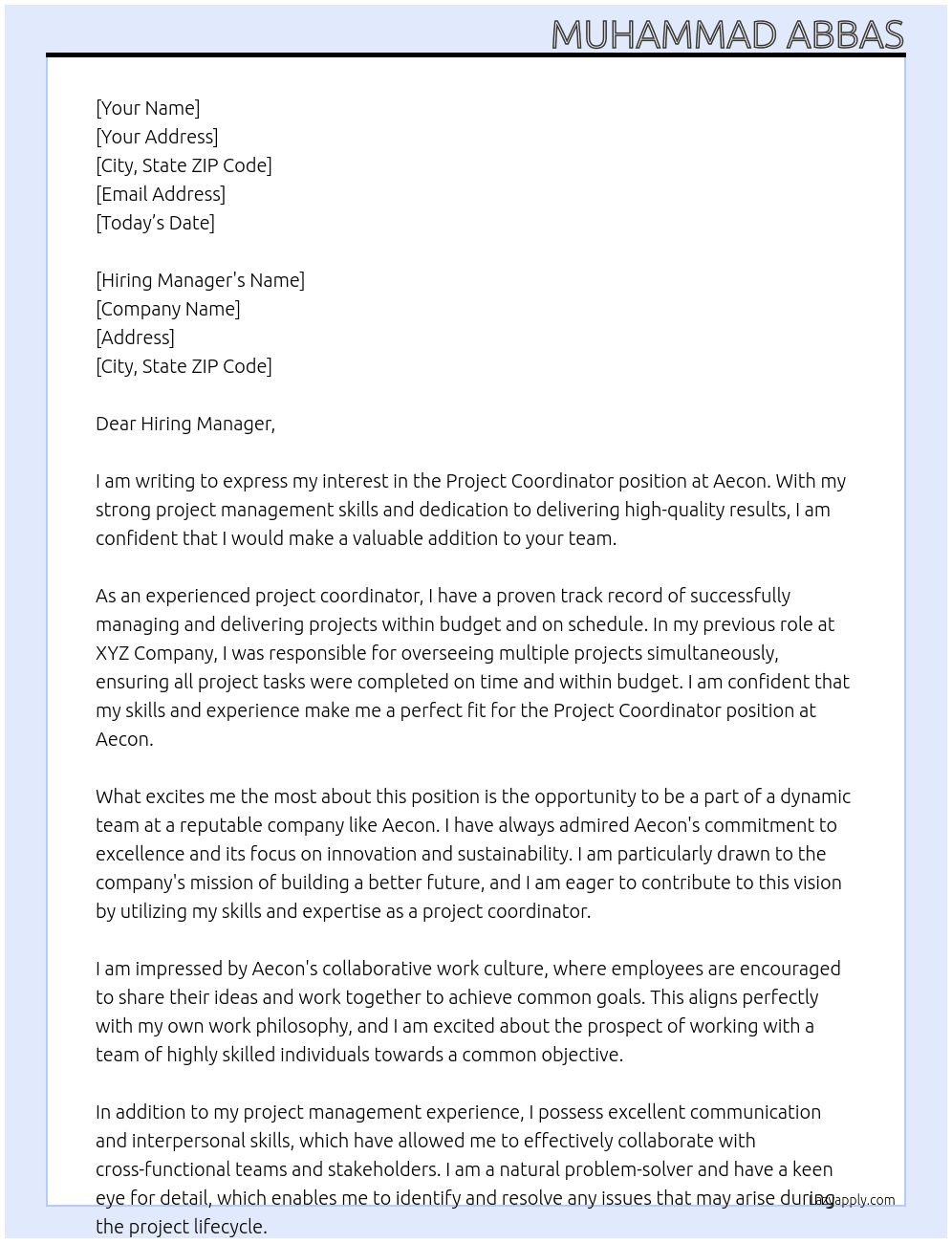 Project Cooridnator  At Aecon Cover Letter