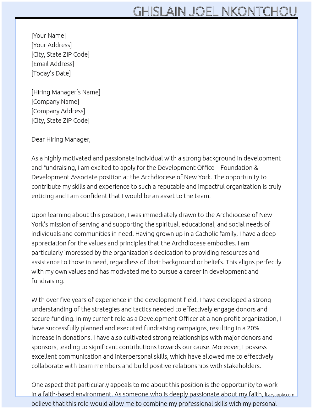 Development Office – Foundation & Development Associate At Archdiocese of New York Cover Letter