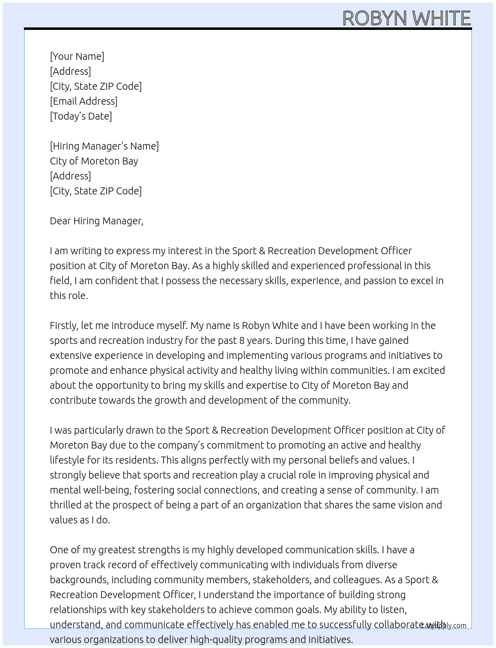 Sport & Recreation Development Officer At City of Moreton Bay Cover Letter