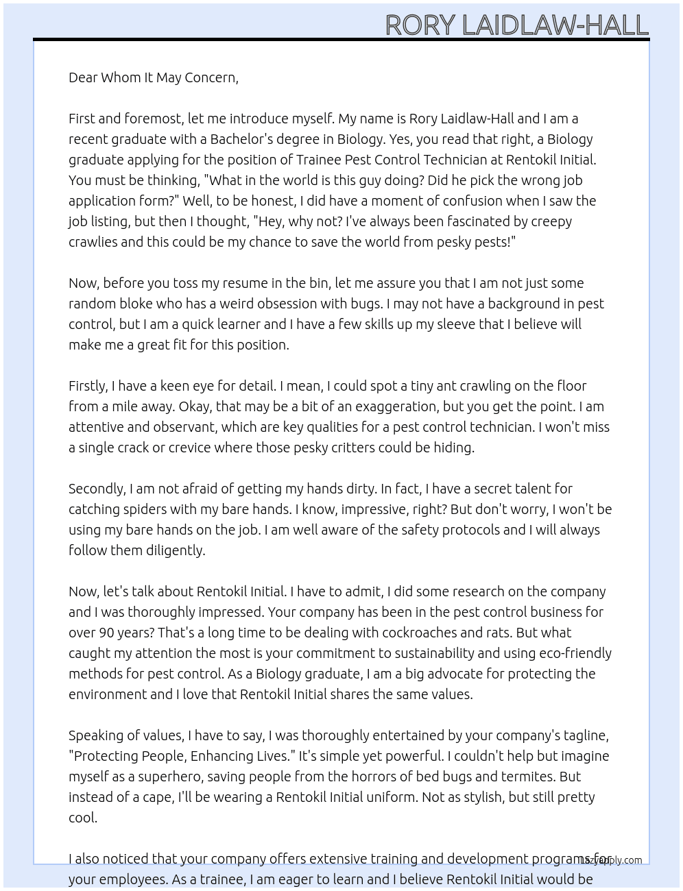 Trainee Pest Control Technician At Rentokil Initial Cover Letter