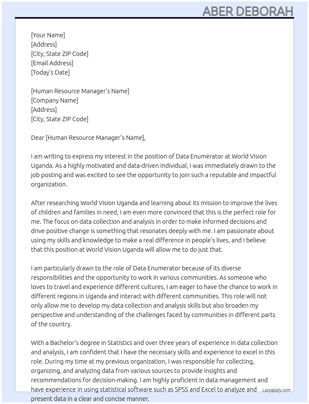 data enumerator At World Vision Uganda Cover Letter