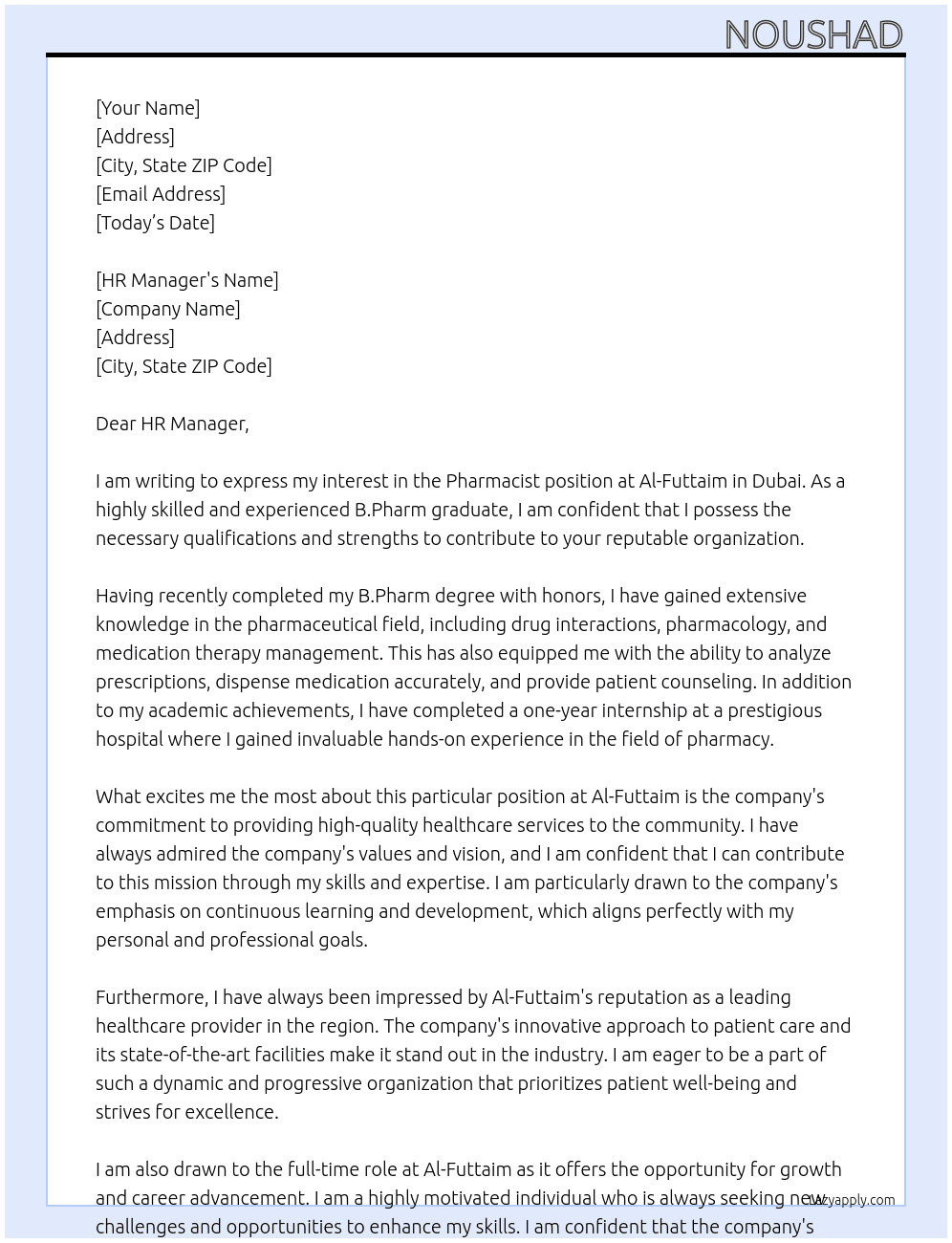 Pharmacist At Al -FUTTAIM Cover Letter