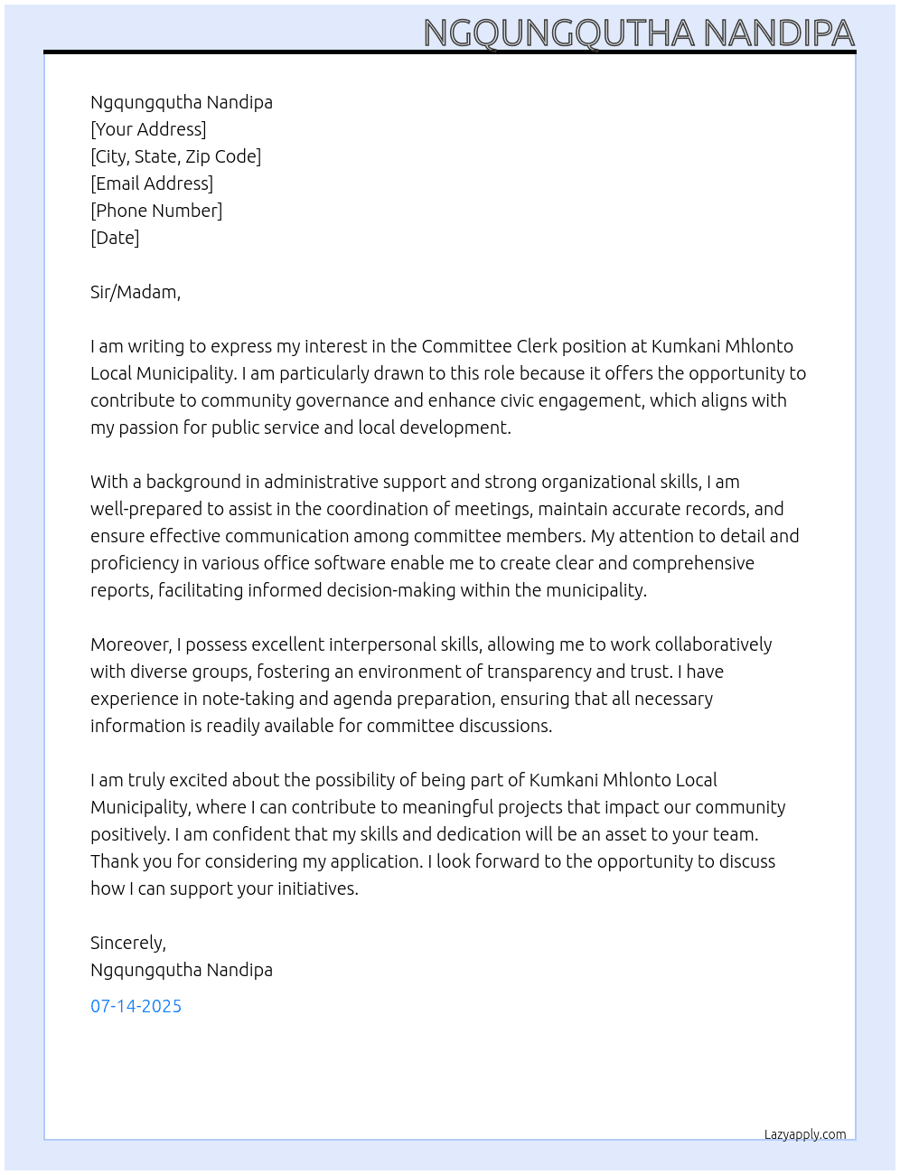 Cover letter for commitee clark - LazyApply