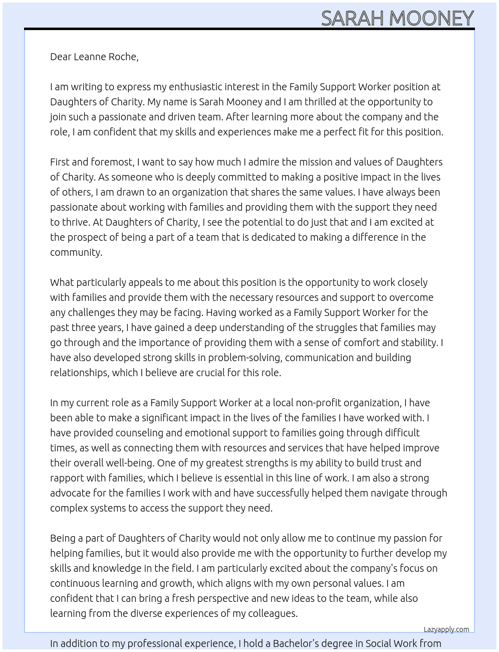 family support worker At Daugthers of cahrity Cover Letter