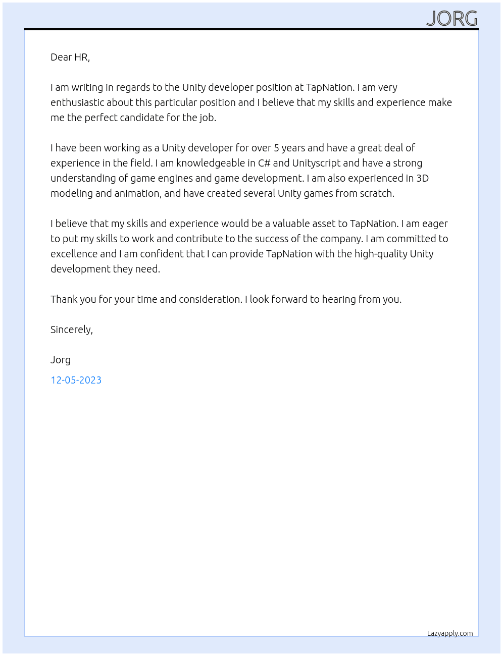 Unity developer At TapNation Cover Letter
