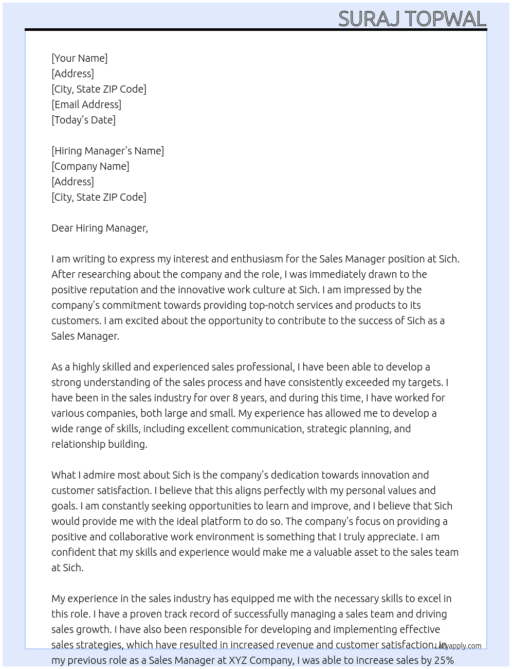 Sales Manager  At Sich Cover Letter