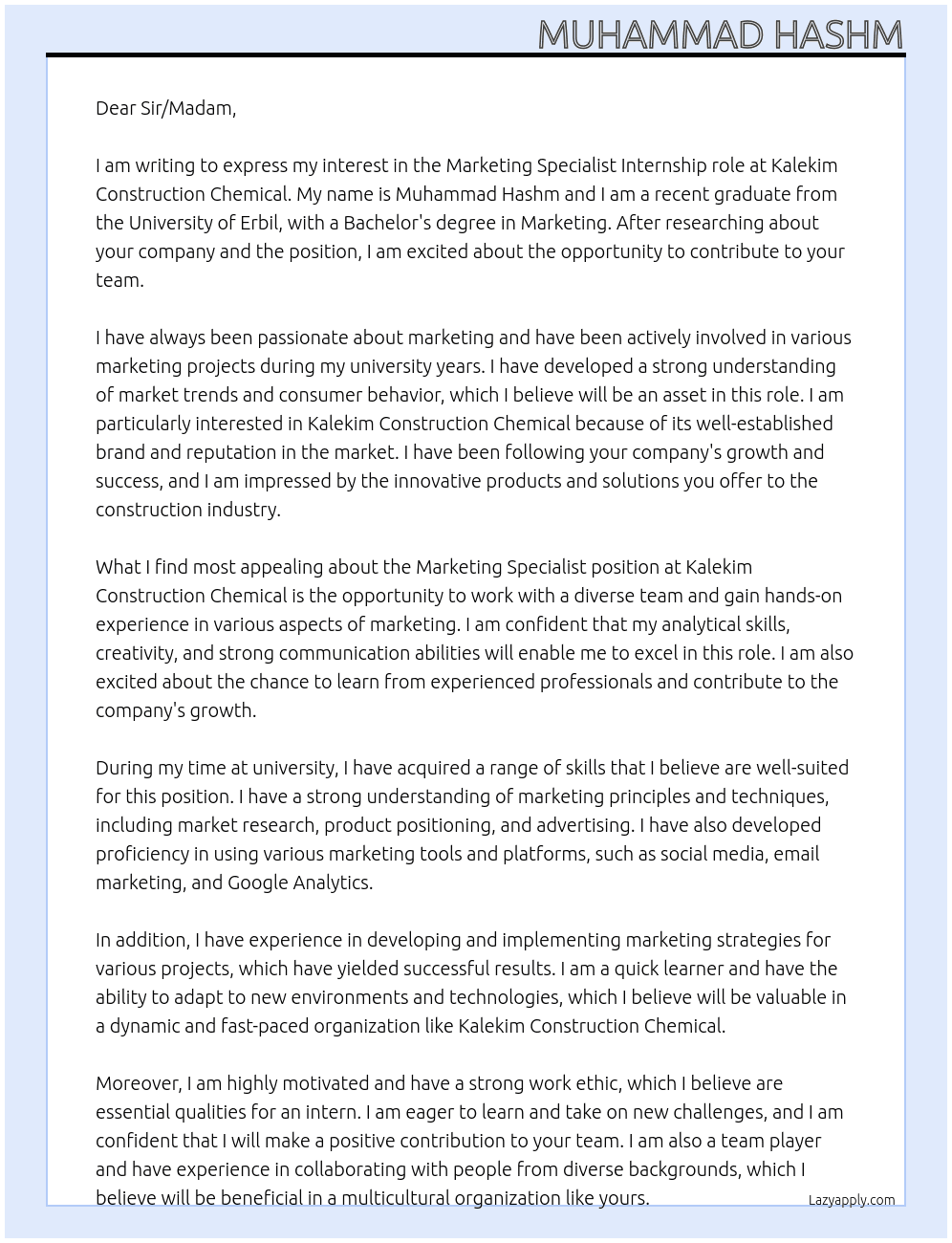 Marketing specialist At Kalekim construction chemical Cover Letter