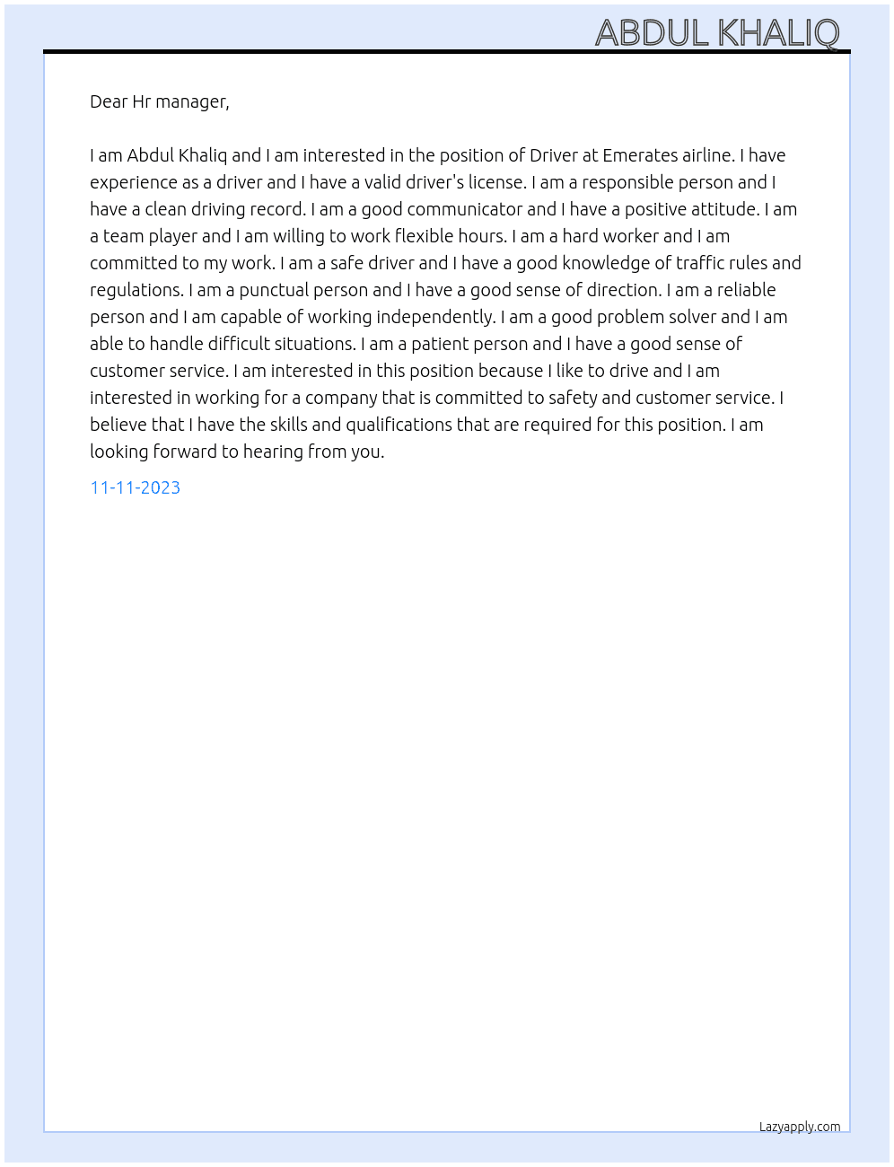 Driver  At Emerates airline Cover Letter