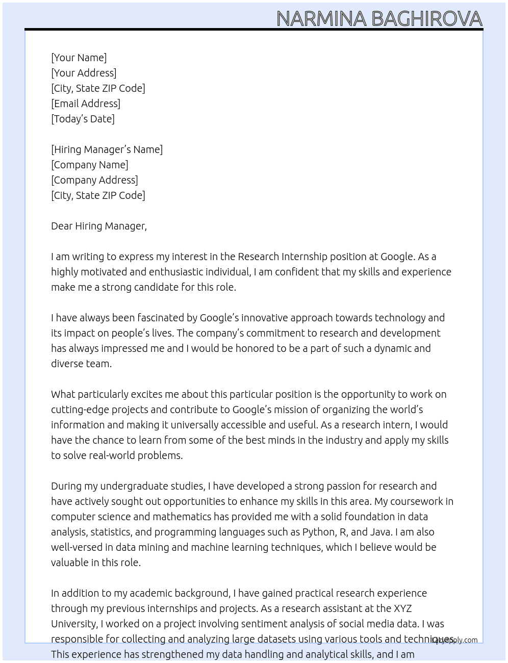 Research Internship At google Cover Letter
