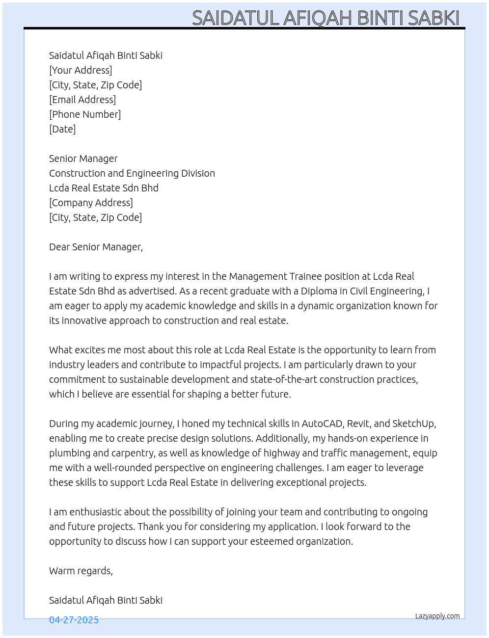 Fresh Graduate Diploma Civil Engineering  At Lcda Real Estate Sdn Bhd Cover Letter