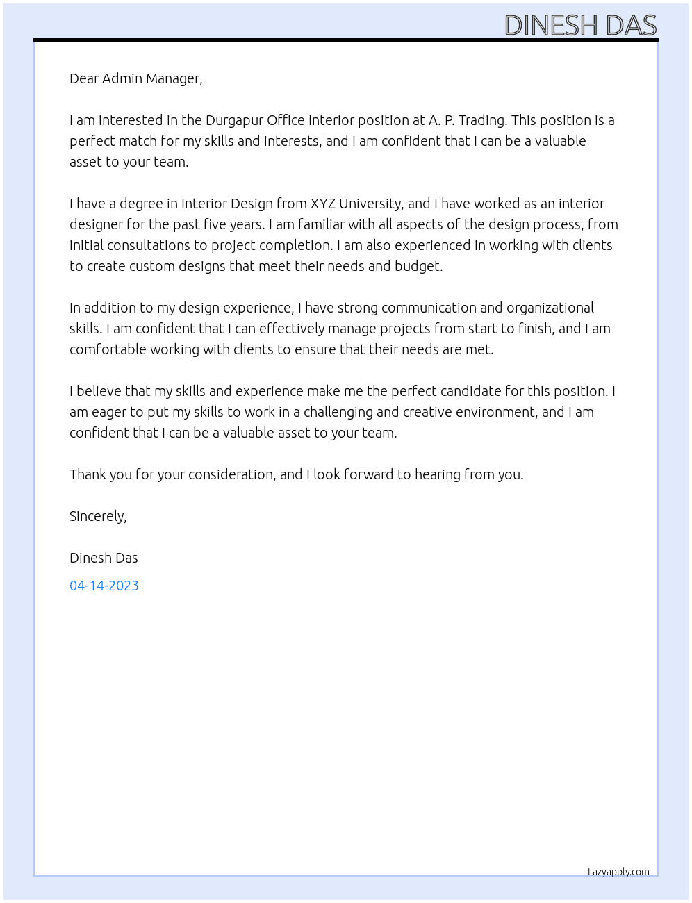 Durgapur Office Interior At A. P. Trading Cover Letter