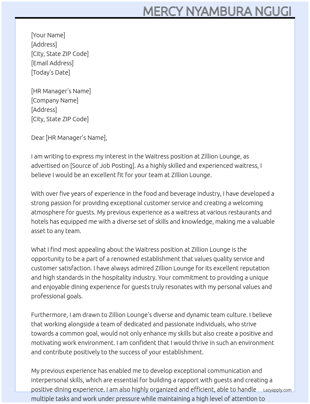 Waitress  At Zillion lounge  Cover Letter