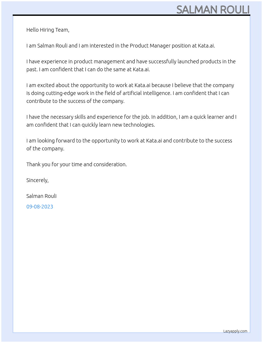 Product manager At Kata.ai Cover Letter