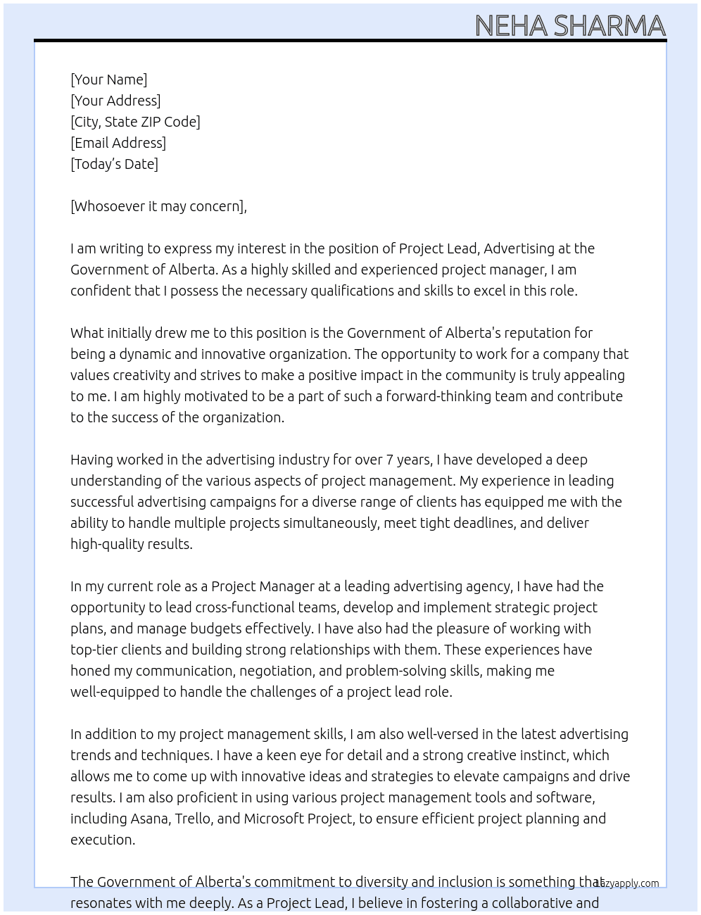  Project Lead, Advertising At Government of Alberta Cover Letter