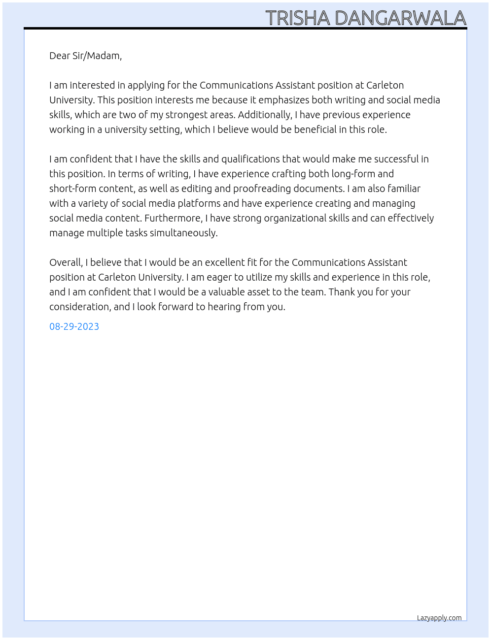 Communications Assistant At Carleton University Cover Letter