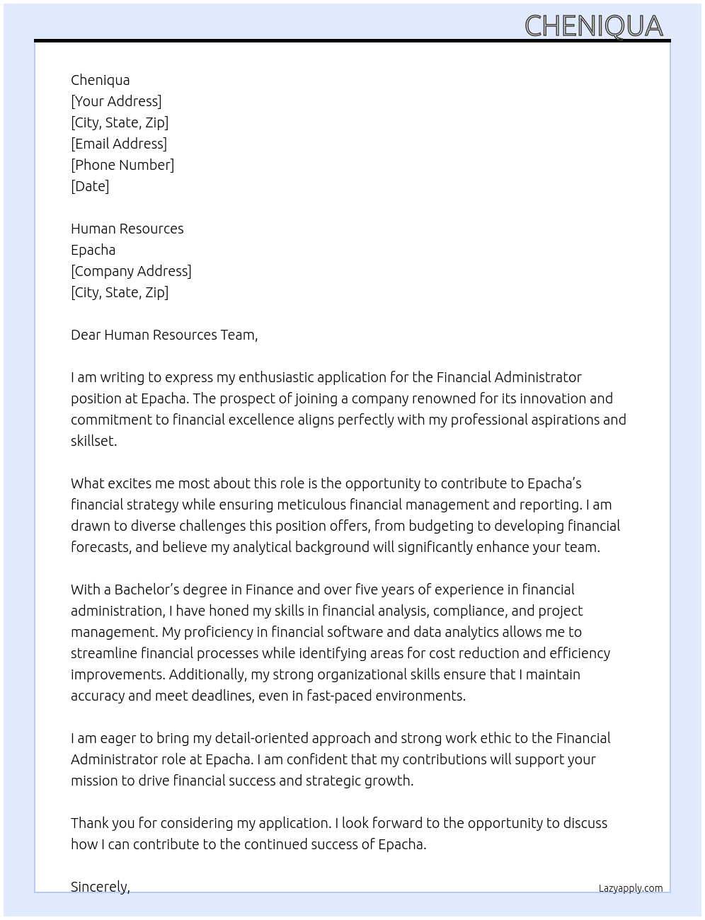 Financial Administrator At Epacha Cover Letter