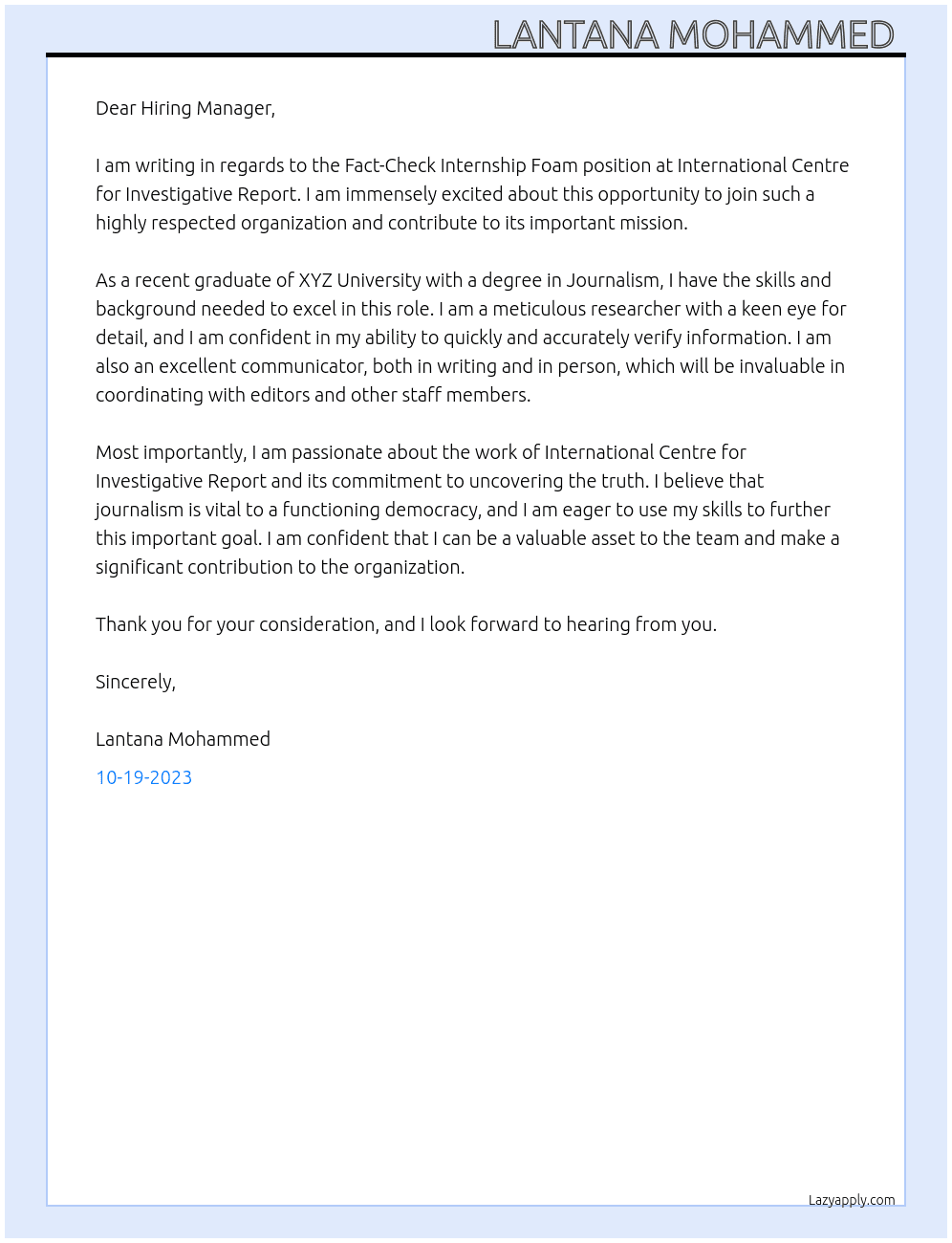 Fact-Check Internship Foam  At International Centre for Investigative Report  Cover Letter