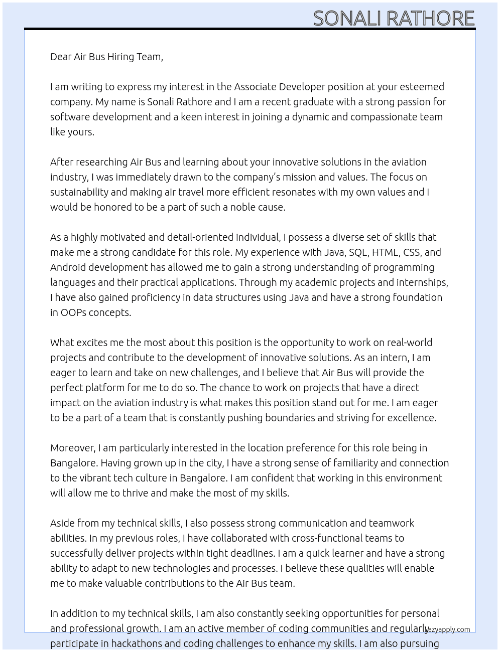 Associate developer  At Air Bus Cover Letter