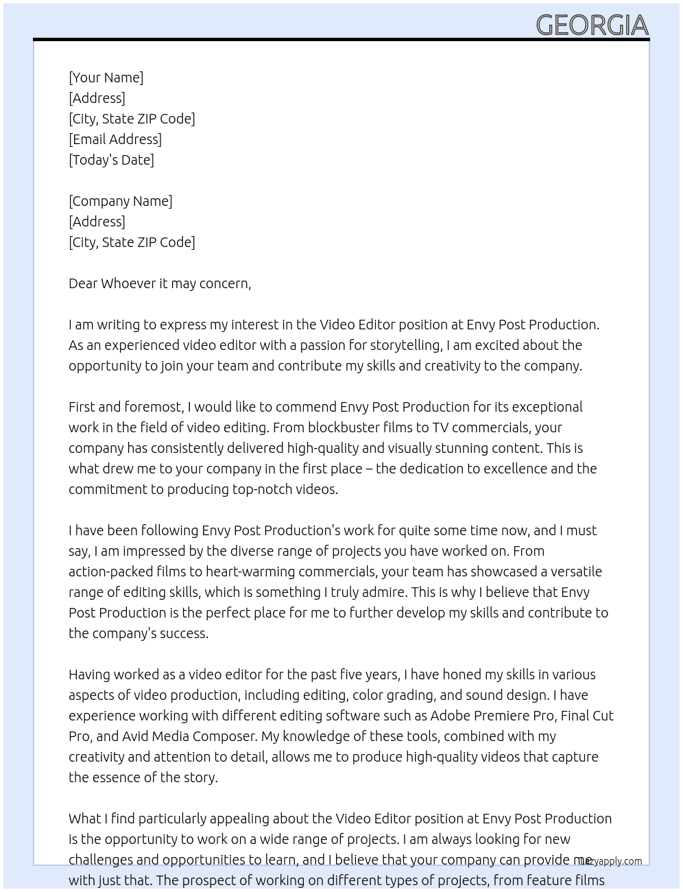 Video Editor At Envy Post Production Cover Letter