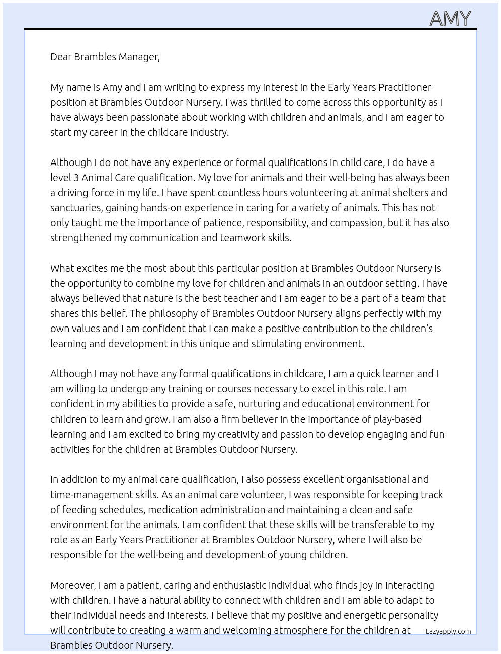 Early years practitioner  At Brambles outdoor nursery Cover Letter